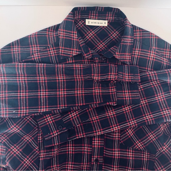 Simisue Women's Red Blue Plaid Button Up Laced Ties at Sides Medium Runs Larger - Picture 11 of 16